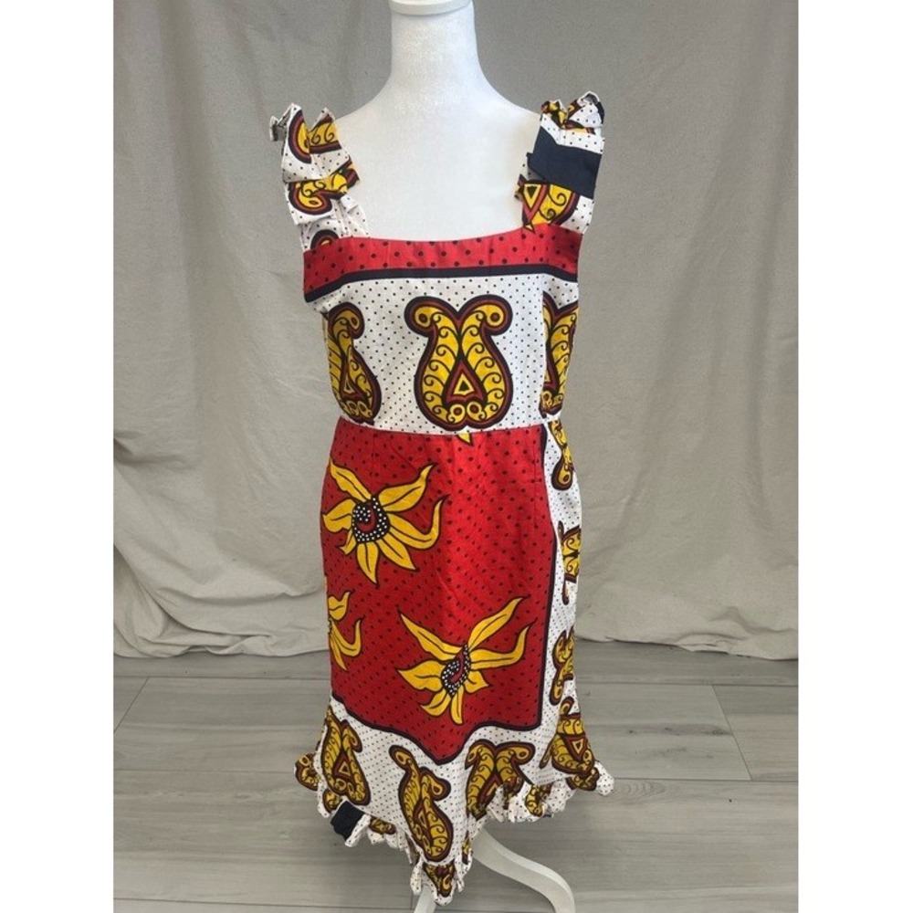 Handmade African Wax Print Dress Red Yellow Sunflower Ruffle Midi Boho Folk
